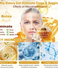 Daasry® Bee Venom Treatment Cream with bee venom peptides, botulinum toxin, hyaluronic acid, and collagen. Targets wrinkles, fine lines, sagging, stretch marks, dark spotsfirming, lifting and more