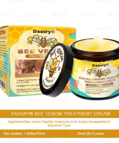 Daasry® Bee Venom Treatment Cream with bee venom peptides, botulinum toxin, hyaluronic acid, and collagen. Targets wrinkles, fine lines, sagging, stretch marks, dark spotsfirming, lifting and more